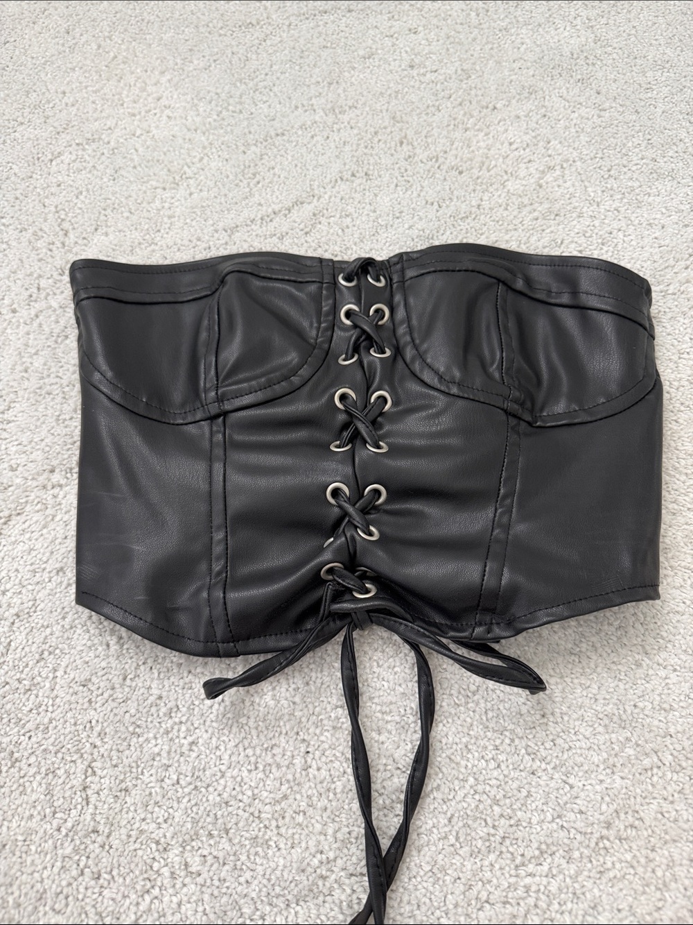 Zara Black Faux Leather Lace-Up Strapless Crop Top